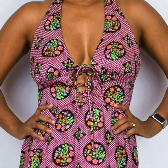 Vintage Halter Maxi Dress Pink Acrylic Floral Print Garden Coverup Hippie Small - Picture 4 of 15